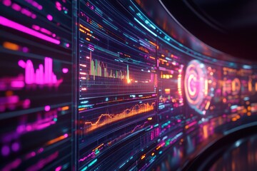 Poster - Futuristic Data Visualization:  Neon-lit screens display dynamic graphs and charts, illustrating complex information and data streams.