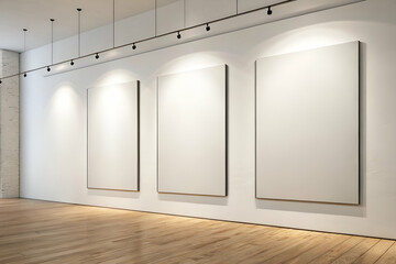 Sticker - Modern Art Gallery With Blank Canvases Spotlighted On A White Wall Interior