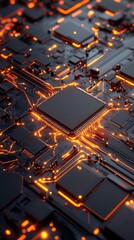 Poster - Abstract Digital Circuit Board: Glowing Orange Pathways of Technology
