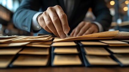 Poster - Close-up of a person's hand writing on documents on a desk.