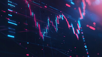 Poster - Digital financial chart with glowing blue and red lines, data points, and futuristic graphs on a dark background.
