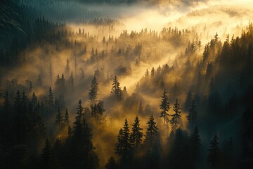 Wall Mural - SunLight Filtering Through Foggy Forest