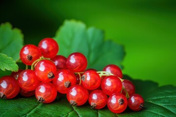 Wall Mural - A vibrant cluster of fresh red currants, glistening on lush green leaves against a bright green background, showcasing summer's bounty and natural beauty.