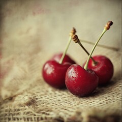 Wall Mural - Close-up of ripe, red cherries with water droplets on a burlap background, showcasing their fresh, juicy, and delicious appearance, tempting summer fruit.