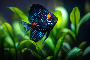 Wall Mural - A vibrant pumpkinseed sunfish swimming amidst aquatic plants