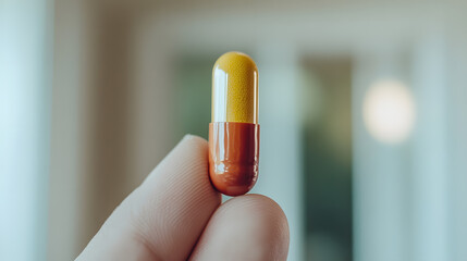 Wall Mural - Close-up of a two-tone capsule held in fingertips, yellow on top, brown below. Medical pill, single dose, in the light, with blurry background. Health concept