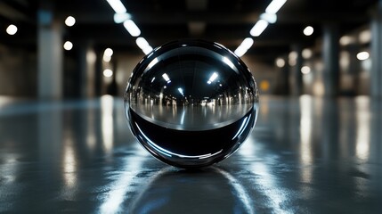 Poster - A reflective sphere sits in the center of a dimly lit, industrial-style space, capturing and distorting the surrounding architecture and lights