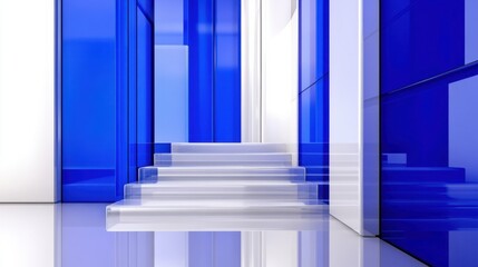 Poster - A modern, minimalist staircase with transparent steps is encased in vibrant blue and white walls, creating a clean and contemporary architectural scene
