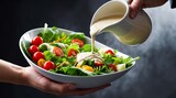 A hand holding a A bright, appetizing salad bowl with fresh green leaves, cherry tomatoes, and colorful vegetables, with a creamy Caesar dressing being poured from small pitcher. Photorealistic style