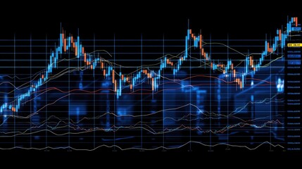 Poster - High-tech stock market data visualization with neon financial charts and fluctuating candlestick graphs.