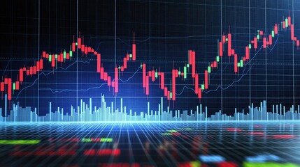 Poster - High-tech stock market data visualization with neon financial charts and fluctuating candlestick graphs.