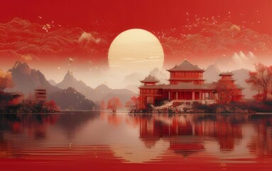 Wall Mural - Red Chinese temple on island lake, mountains, sunset, birds.