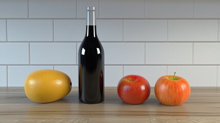 Poster - Red wine bottle, lemon, apples, kitchen counter, still life