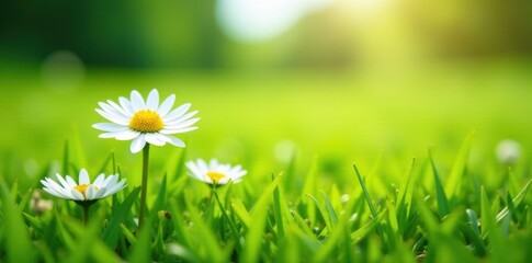 Wall Mural - Wholesome scene of lush green grass and white daisies in a sunny meadow, nature, outdoors, meadow