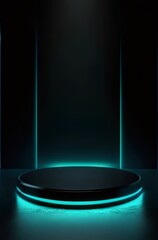 Wall Mural - Dark circular platform with cyan neon light.