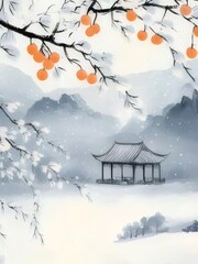 Sticker - Snowy winter landscape with pavilion, orange fruits, and trees.