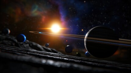 Wall Mural - a stunning cosmic view depicts a cluster of planets orbiting a bright star, with rings and color var