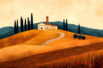 Wall Mural - Tuscan countryside landscape painting, featuring rolling hills, cypress trees, a farmhouse, and a winding road.