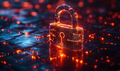 Poster - Glowing digital padlock on circuit board symbolizing data protection and online security