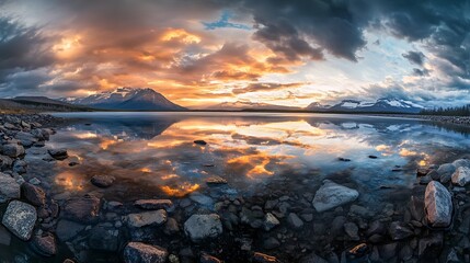 Canvas Print - Stunning sunset reflected in calm lake water, majestic mountains in background.