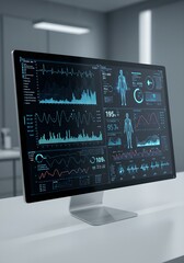 Poster - Medical data visualization on computer screen. Future health monitoring dashboard. Digital healthcare analytics in laboratory or hospital setting.