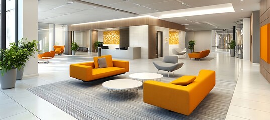 Poster - A contemporary office lobby with modern design, elegant furnishings, and a welcoming atmosphere