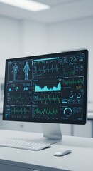 Poster - Futuristic medical monitor displaying patient data and vital signs. Digital health technology in modern hospital. Advanced healthcare analytics interface for doctors