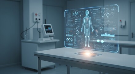 Poster - Future medical lab with holographic human body display. Virtual patient analysis in futuristic hospital. Digital health technology and AI diagnostics concept.