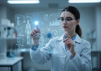 Poster - Woman scientist using futuristic holographic interface in medical laboratory. Advanced healthcare research, digital diagnostics, and AI-assisted medical analysis concept