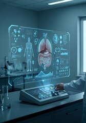 Poster - Future medical technology: Doctor using holographic display for human anatomy and organ analysis in advanced digital healthcare laboratory