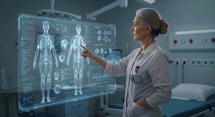 Poster - Woman doctor using futuristic holographic interface for human body analysis. Advanced medical technology in modern hospital laboratory for patient diagnosis