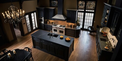 Elegant Dark Kitchen Design With Island And Range