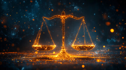 Poster - Glowing neural trade balance scales illuminate the abstract universe