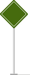 Poster - Empty green diamond road sign with white frame standing on a metal pole on white background, providing space for custom messaging and directions