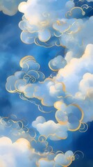 Wall Mural - Golden outlined clouds in a blue sky.