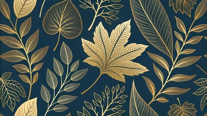 Wall Mural - seamless pattern Luxury wallpaper design with Gold leaf and natural background. Leaves line arts design for fabric, prints and background texture, Vector ...
