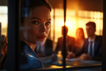 Aufkleber - A woman looks out the window at a group of people, possibly friends or family