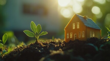 Aufkleber - A small toy house sits atop a pile of dirt, perfect for use in illustrations or designs about childhood, simplicity, or environmentalism
