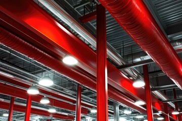 Aufkleber - Industrial room filled with numerous red pipes, perfect for use in industrial or manufacturing settings