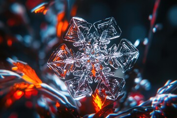 Wall Mural - Close-up view of a delicate snowflake resting on a green succulent leaf