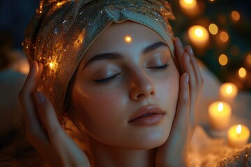 Poster - A woman wraps herself in a towel while surrounded by lit candles