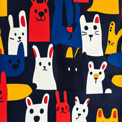 A bold, graphic pet illustration with large, stylized dogs, cats, and bunnies in bright, solid colors like cobalt blue, red, and yellow. The clean, graphic design makes a modern statement in any space