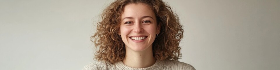 Aufkleber - Portrait of a happy woman with curly hair, smiling directly at the camera