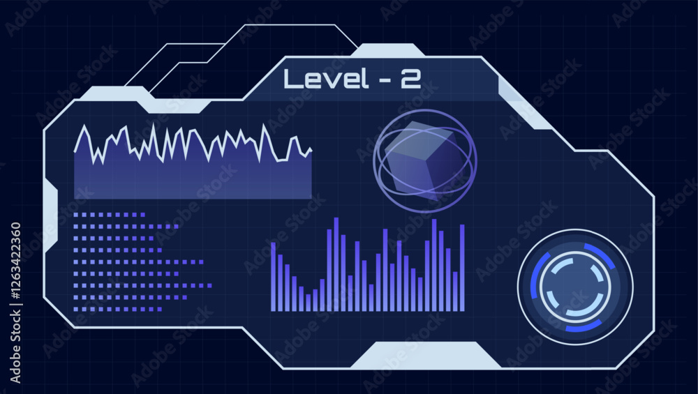 Futuristic hud interface showing level 2 with charts, loading ...