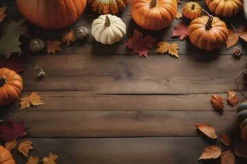 Wall Mural - Autumn pumpkins and leaves on rustic wood.