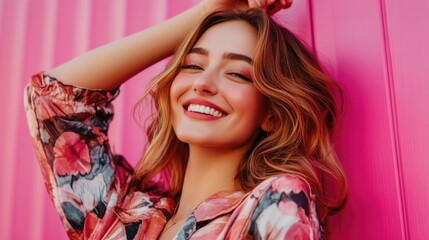 Aufkleber - A young woman stands beside a bright pink wall, looking relaxed and casual