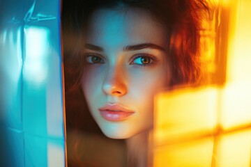 Wall Mural - A person looking out of a window with striking blue eyes