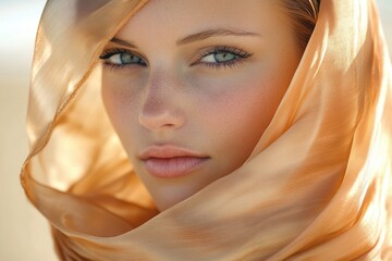 Poster - A close-up shot of a woman with a scarf covering her head, great for using in scenarios where the subject needs to be anonymous or in situations where modesty is important