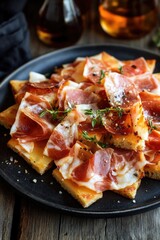 Aufkleber - Freshly cut pizza slices served on a dark background