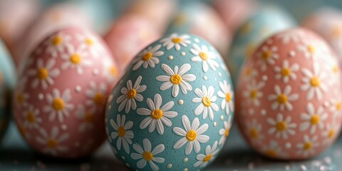 Colorful decorated eggs with floral patterns arranged for Easter celebration